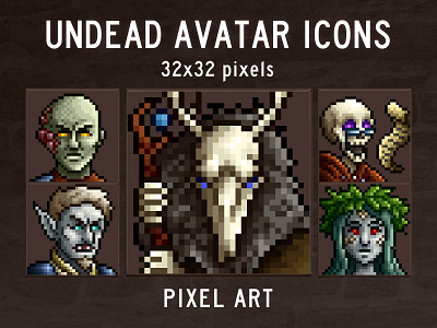 Undead Portrait Icons Pixel Art 2d 32x32 art asset assets avatar avatars dark fantasy game game assets gamedev icon icons mmo mmorpg pixelart pixelated rpg