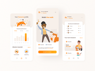 Pawsome - mobile pet app design animals app design dashboard gamification health illustration ladderboard mobile app design pet care pets rewards user interface