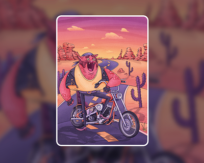 NFT art Vinny the Petrolhead animal art bike biker cartoon cat character crypto desert graphic illustration nft procreate sunset
