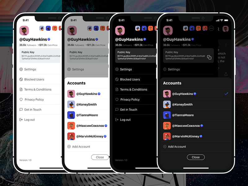 Flick - BitClout Multiple Accounts accounts app app design bitclout black blockchain clean crypto cryptocurrency design multiple account product design sign up simple social ui ui design ux ux design white