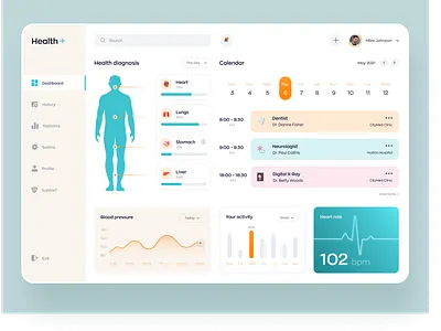 Health Diagnosis Dashboard calendar ui card ui charts clinic dashboard dashboard ui doctor app health app healthcare hospital hospital management interface listings medical app patient patient app user experience design webapp webapp design webapplication