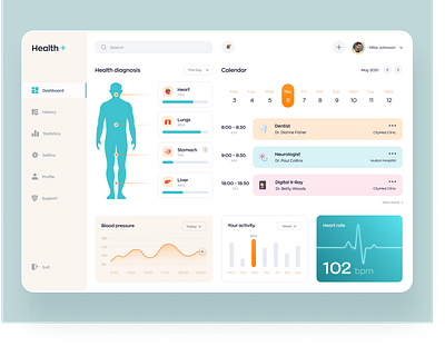 Health Diagnosis Dashboard calendar ui card ui charts clinic dashboard dashboard ui doctor app health app healthcare hospital hospital management interface listings medical app patient patient app user experience design webapp webapp design webapplication