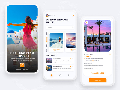 Travel App Design Concept application design clean colors ecommerce holiday home hotel innovation intro minimal mobile app mobile app ui mobile ui travel agency travel app travel apps traveling trips ui uiux