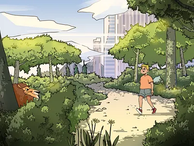 Park 2d 2d design art background boy character flat illustration lion nature park town vector