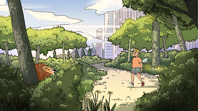 Park 2d 2d design art background boy character flat illustration lion nature park town vector