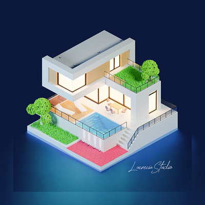 Luxury House at Night 3d garden graphic design house illustration isometric luxury render