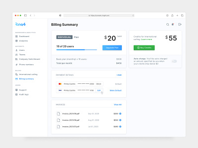 Ring4 - Business Phone (Saas Web App) app billing business clear control panel dashboard design figma light minimalistic phone plan redesign saas ui ux web