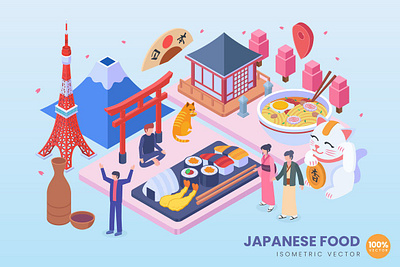 Isometric Japanese Food Vector Concept chinese culture food gourment infographic isometric japanese meal menu noodle ramen raw restaurant sushi vector