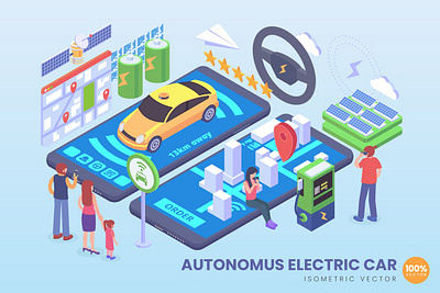 Isometric Autonomous Electric Car Vector Concept autonomous car driving electric gps infographic internet isometric remote self transporation vector vehicle web