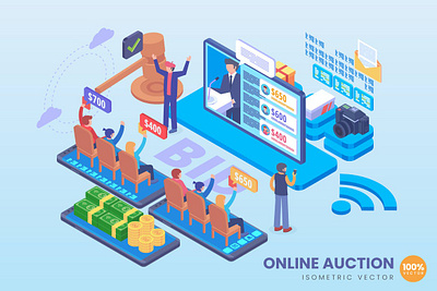 Isometric Online Auction Vector Concept auction bid buy cyber game gave infographic internet isometric landing online raffle technology vector web