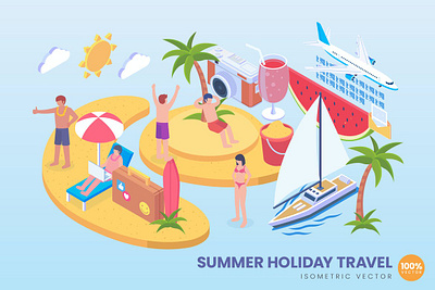 Isometric Summer Holiaday Vector Concept beach digital freelancer holiday infographic island isometric nomad remote sea summer traveling vacation vector work