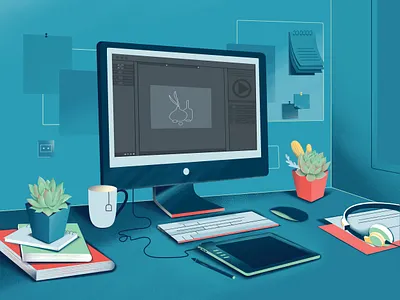 My Workspace 2d animation book branding design desktop graphic design illustration mouse plants space tea vector work