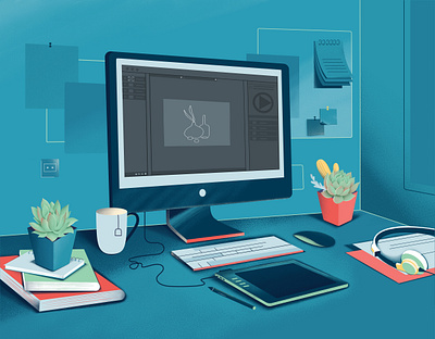 My Workspace 2d animation book branding design desktop graphic design illustration mouse plants space tea vector work