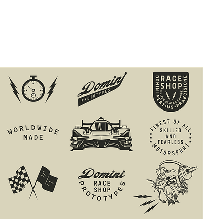 Domini Prototypes-Identity badge graphic design identity illustration lettering line art motorsports racing typography