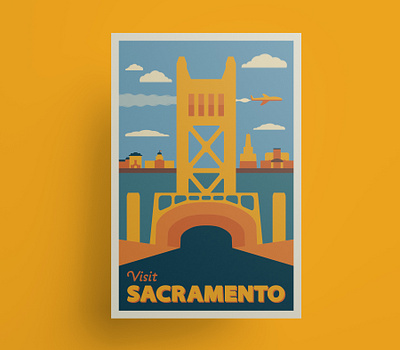 Sacramento vintage travel poster city hall gold illustration mid century midcentury poster poster art poster design sacramento sactown tower bridge tower theatre travel travel poster vector vector art vector illustration vintage travel poster