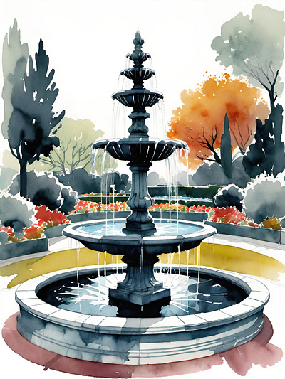 Courtyard fountain courtyard fountain garden garden design gardening landscape watercolor