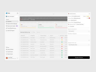 Phaid B2B - Escalate Sidebar ai audit b2b chargeback dashboard escalate finance reconciliation refund reversal sidebar