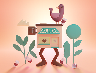 I loved the idea of a bouncy hyper coffee shop. 3d illustration birb blender cute illustration low poly phldesign render