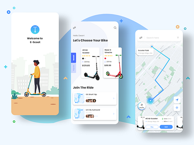 E-Scooter Ride e scooter e vehicle layout location map mobile app mobile app design product ride scooty ui ux