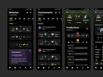 Esport Predictions animation betting branding csgo dark design dota esport gambling game logo matches mobile sportsbook svetlakov tournaments ui ux
