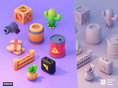 Stylized Game Assets 3d 3d illustrations 3dgame bag barrel blender blender illustrations blenderartwork box cactus fence gameart gamedev gun illustration lowpoly lowpoly games lowpolyart stylized stylized art