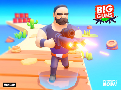 Big Guns 3D barrel bridge cartoon character colorful design explosion gameart gamedev games gamevsart guns illustration lowpoly lowpolyart lowpolygames mobilegames sea stylized water