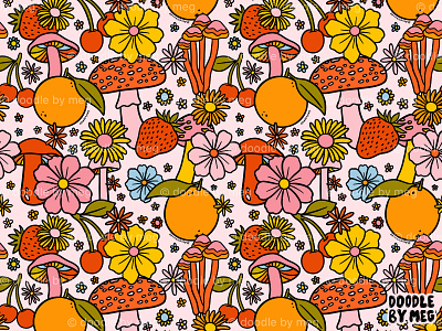 Summertime Print cherries design drawing floral flowers fruit fruits illustration lettering mushroom orange pattern plants print procreate strawberries summer surface design typography vintage