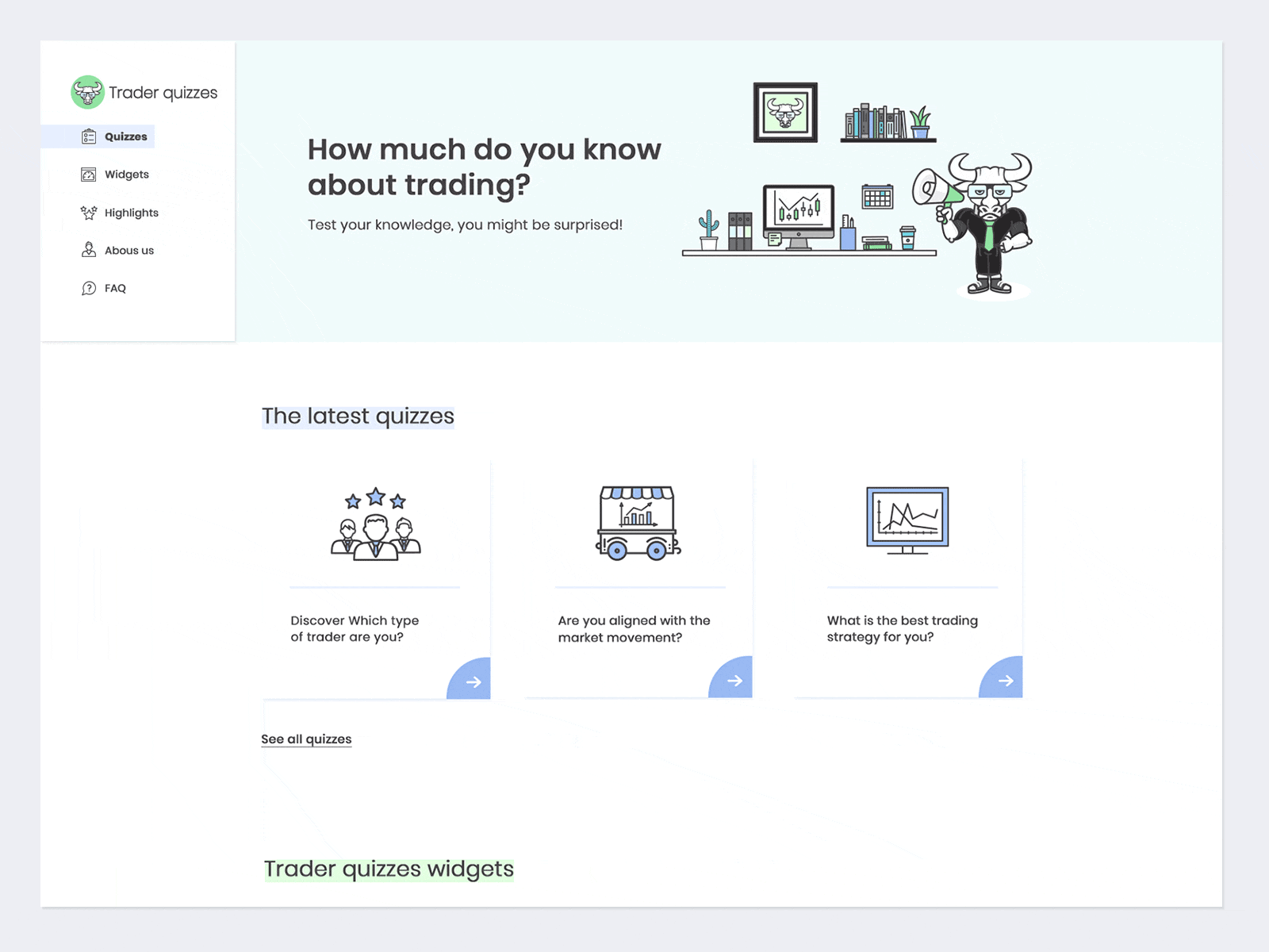 One Page web-site - Trader Quizzes branding design illustration logo ui ux vector