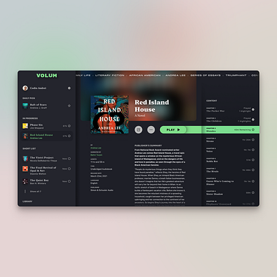 Audiobook Details audiobook author book chapters dark theme detail page library volum