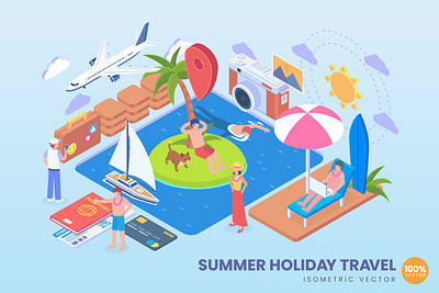 Isometric Summer Holiday Vector Concept 3d 3d animation 3d art 3d concept 3d illustration agency app business character concept conceptual development flat illustration illustrations landing page vector web website