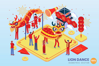 Isometric Lion Dance Vector Concept Illustration 3d 3d animation 3d art 3d concept 3d illustration agency app business character concept conceptual development flat illustration illustrations landing page vector web website