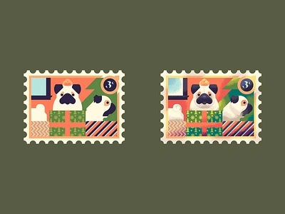 Three Fat Pugs, before and after texture adobe christmas illustration illustrator photoshop postage presents pug pugs stamp texture