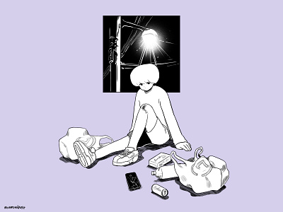 short hair girl blue artwork drawing girl illustration illustration art line drawing lineart lineillustration lonely night retro