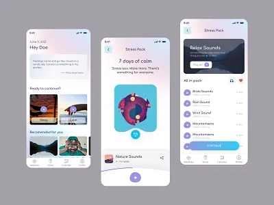Meditation Mobile App UI Design android app design health health app ios meditation mental health mindfulness modern ui design mountains nature peace relief sleep app stress ui design ui ux design yoga yoga app zen