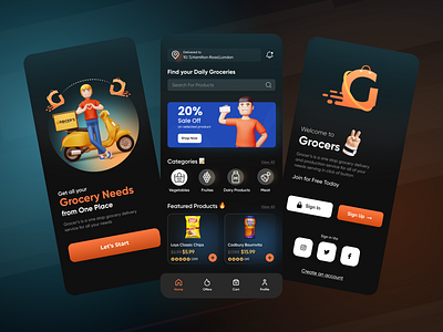 Grocery Store - App Exploration 2020 trends 2021 trend 3d app design application user interface dark mode dark ui delivery service app design app digital illustration food delivery app glassmorphism grocery app grocery store mobile app trendy design ui uidesign uiux user interface