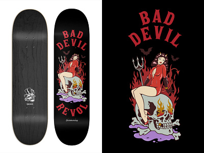 REVOL SB - BAD DEVIL art work brand design branding design devil girl illustration logo old line pin up skate skateboarding skull tattoo traditional typography ui ux vector vintage