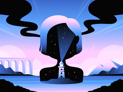 Mindset 🧠 80s black burnout dark depression flat gradients illustration landscape lighthouse mental mental health mental health awareness mindset minimal mood poly polygonal retro space