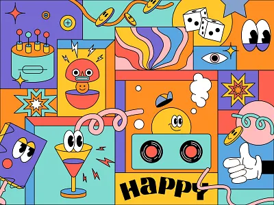 happy vibes branding colorful design dice drink electricity fun graphic design happy illustration lines modern outline smiley spark vector wallpaper