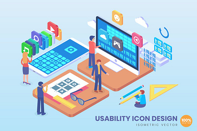 Isometric Usability Icon Design Vector Concept 3d 3d animation 3d art 3d concept 3d illustration agency app business character concept conceptual development flat illustration illustrations landing page vector web website