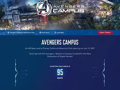 Avengers Campus page for Disney California Adventure avengers avengers campus design disney disney california adventure marvel product design ui ux