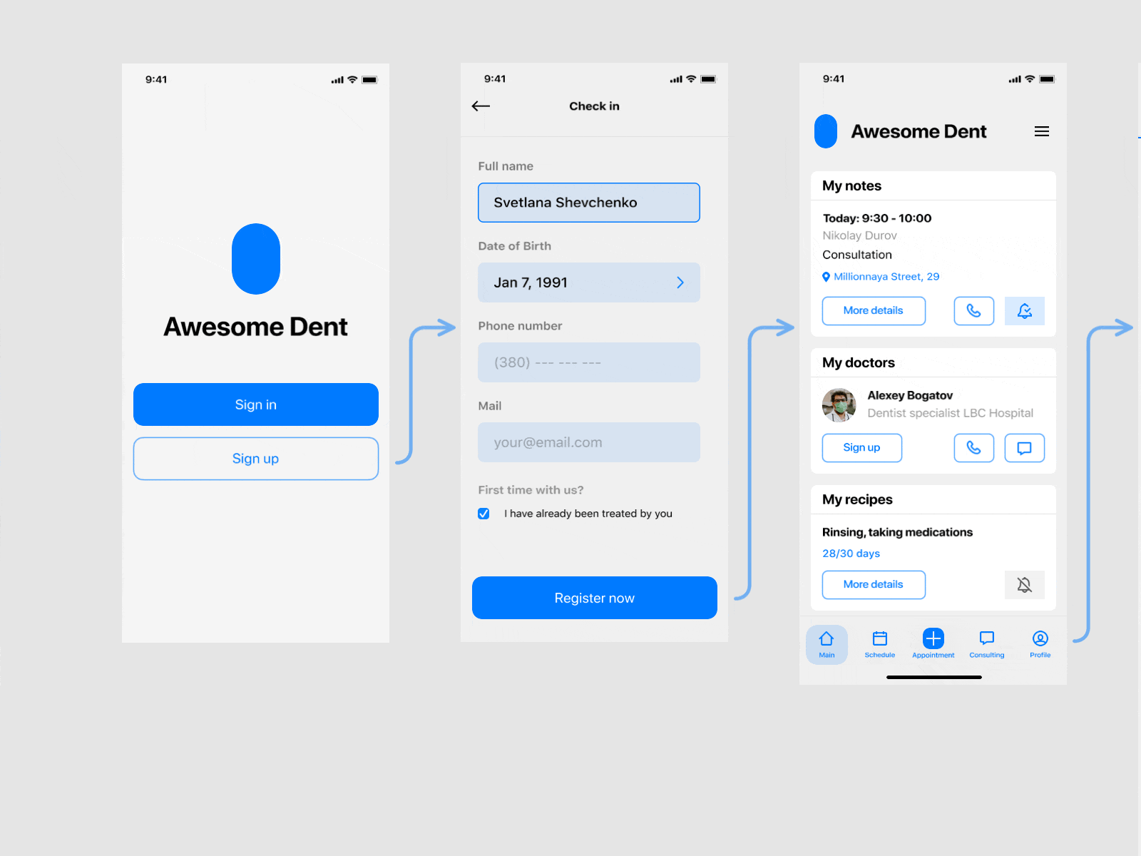 Dental Appointment Userflow animation application dentist design interaction design medical mobile ui userflow