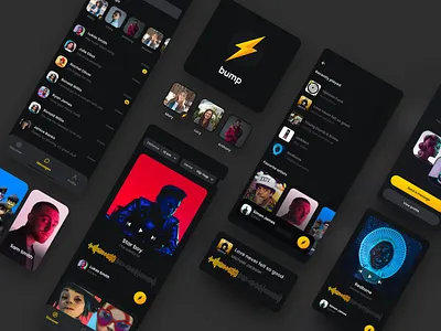 Social Music App app card connect dark mode design friends ios iphone minimal music simple ui ux yellow
