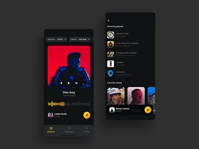 Profile Social Music App app card dark mode design friends iphone minimal music profile simple ui ux yellow
