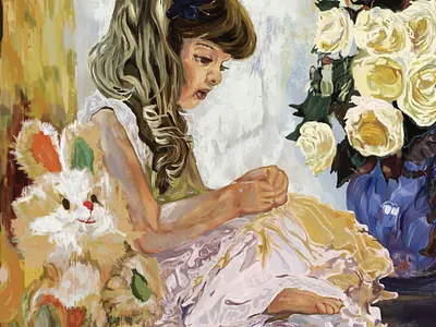 Cute Girl and Plush Bunny child colorfull cute digital painting illustration