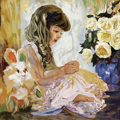 Cute Girl and Plush Bunny child colorfull cute digital painting illustration