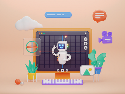 blender inside blender 3d 3dart ai auto automation b3d blender bot bubble camera character cycles illustration keyboard orange plant render robot text ui