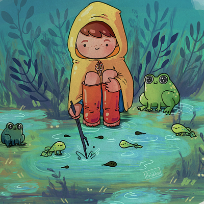 Frogspotting character character design colours concept art draw drawing frog frogs illustration kid pond sketch