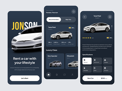 Jonson - Car Rental App app app design car car rental clean darkmode design mobile mobileapp rental ui design uidesign uiux userinterface ux design uxdesign