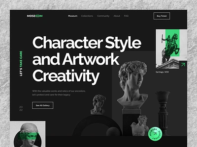 Artworks Website ancient art artist artwork character exhibition gallery history homepage landing page museum roman sculpture statue ui uiux web design website