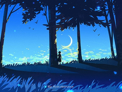 Night character design forest illustration moon night